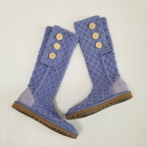 UGG Cardy Lattice Periwinkle Purple Blue Sweater Knit Knee High Button Boots 9